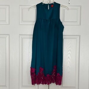 Ingwa Melero Silk Sleeveless Teal Midi Dress with Fuchsia Lace Trim At The Hem